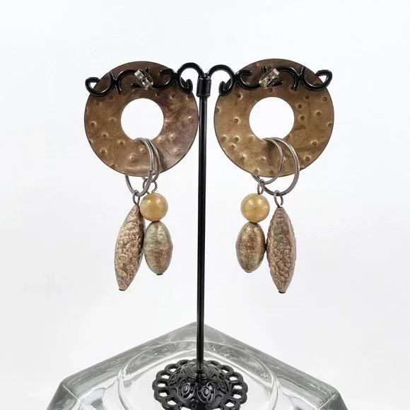 NWOT - Artisan BOHO Brass Tone Textured Metal Dangle Post Earrings - Picture 4 of 6